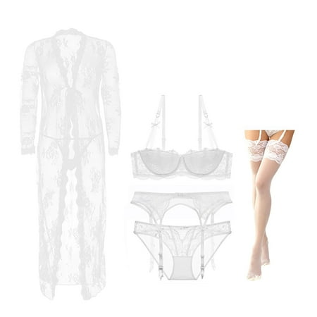 Women Push Up Bras Set Lace Lingerie Bra and Panties and Garter and Stocking and Robe and Thong 6 pcs