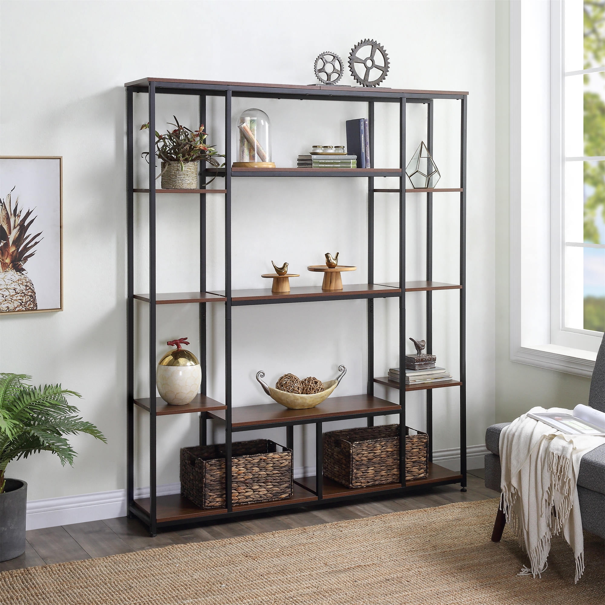 5Tier Bookshelf, Industrial Bookcase, Sturdy Antique Wood Design with