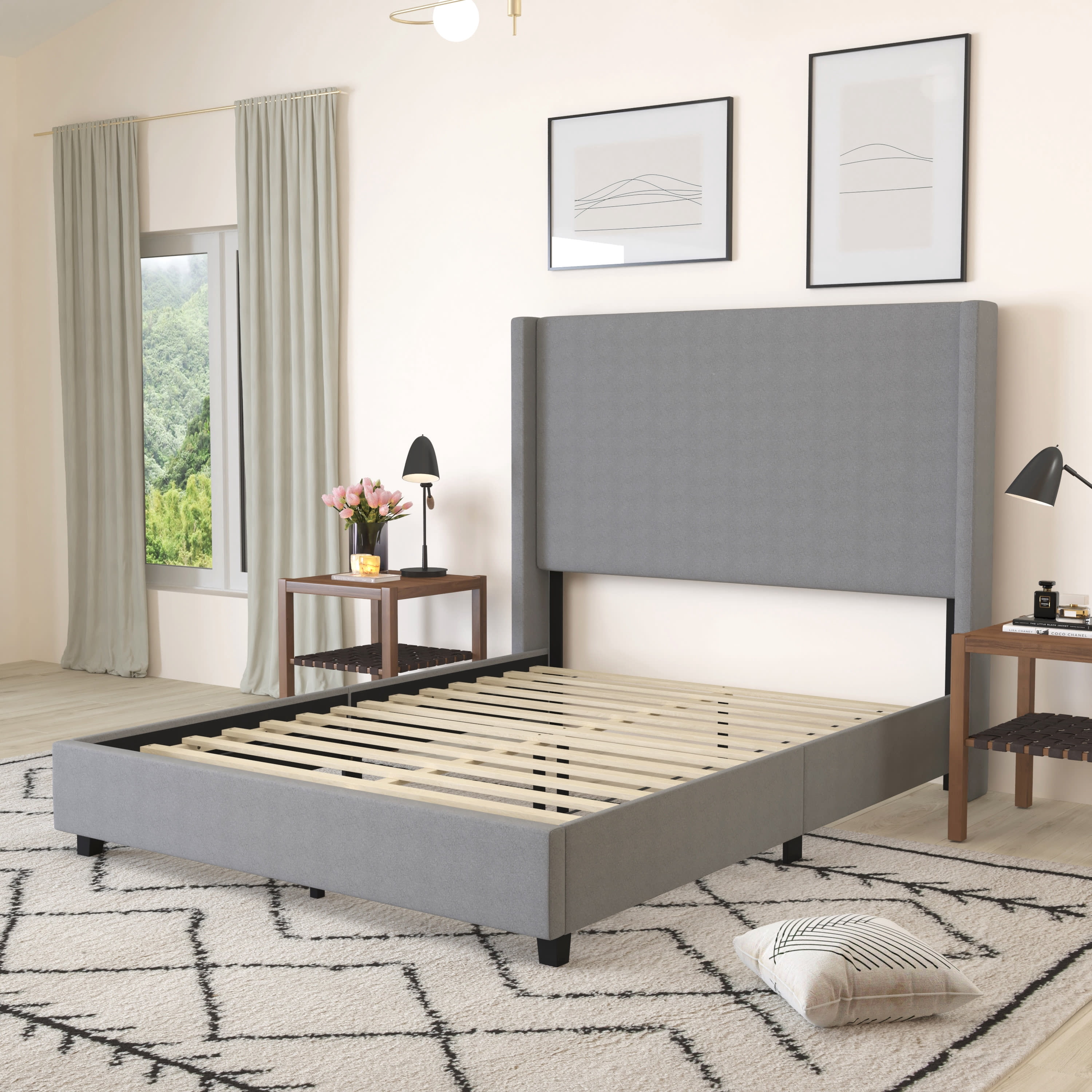 Merrick Lane Modern Queen Size Platform Bed Frame with Padded Faux Linen Upholstered Wingback Headboard and Wood Support Slats in Gray