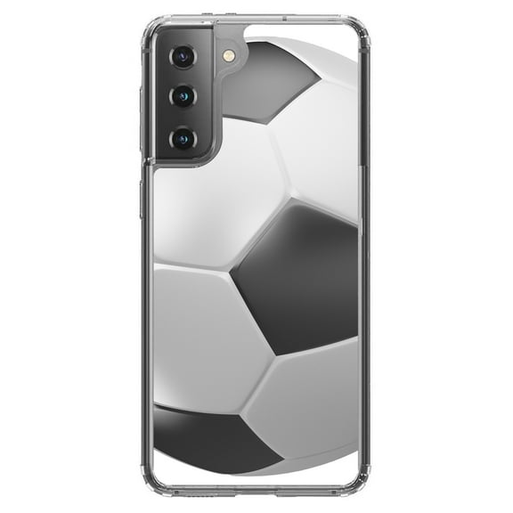 DistinctInk Clear Shockproof Hybrid Case for Galaxy S21  PLUS 5G (6.7" Screen) - TPU Bumper, Acrylic Back, Tempered Glass Screen Protector - Soccer Ball 3D