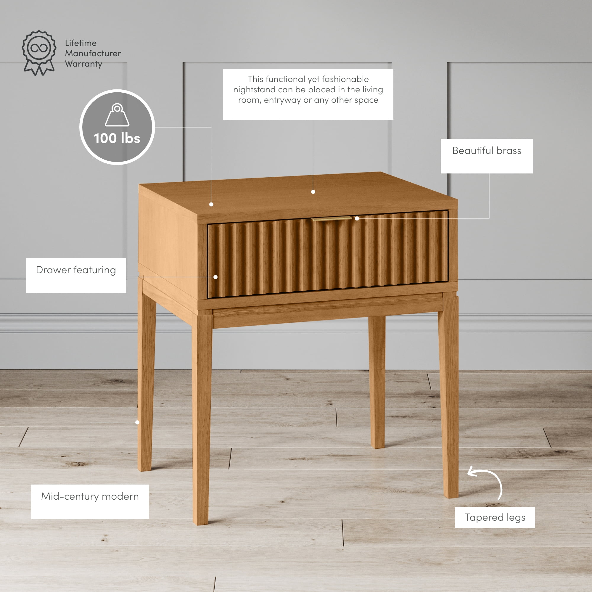 Nathan James Jasper Mid-Century Modern Nighstand, Side Table with Storage and Fluted Drawer Doors with Brass Handles