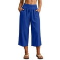thumbnail image 3 of ClodeEU Women's High Waisted Cropped Wide Leg Linen Pants, Elastic Waist Casual Summer Trousers with Pockets Blue,Women's Plus L, 3 of 9