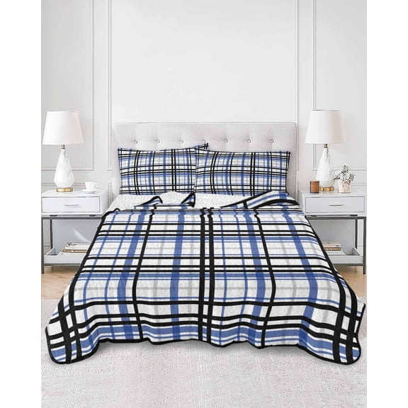 Quilts King Size, Blue Black Plaid Soft Comforter Bedding Set for Bed, Farmhouse Blue Black Checkered Lightweight Quilted Bedspread with Pillow Cover(2 Pieces) for All Season, 96x106 Inch