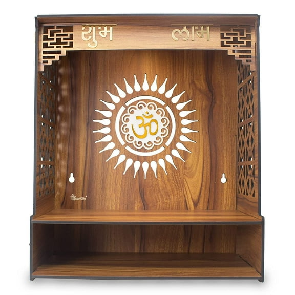 Wooden feel Pooja Mandir with ॐ in the back for Home or Office with LED Spot Light; dimensions H- 18, L- 16, W-9 Inch