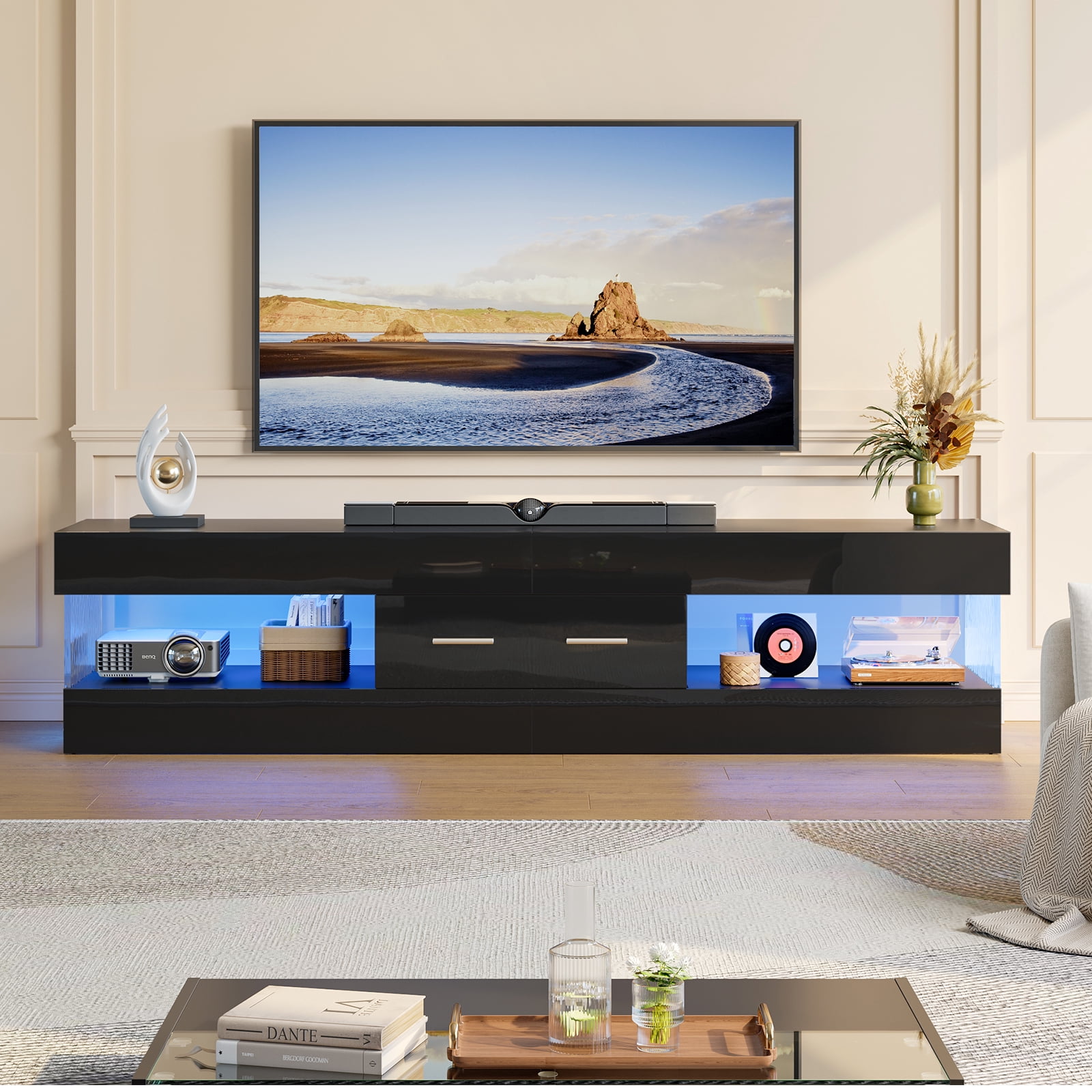 Bestier Black TV Stand for TVs up to 75", Modern Entertainment Center for TVs with LED Light, High Gloss TV Console Table with Storage Drawers