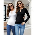 thumbnail image 2 of Ladybranch Womens Long Crew neck Ribbed Shirts Fitted Top Cutout Neck Drop Shape Slim Trendy Tight Tops Black, 2 of 5