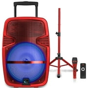 Technical Pro 3000 Watts 15" Rechargeable Bluetooth LED Loudspeaker Package with Tripod and Microphone (Red)