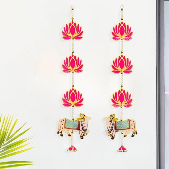 Wood Door Entrance Hanging Mandir Door Decorations Items, Pink Lotus with Cow Style Hanging, Ganpati Decor & Diwali Decoration Set of 2