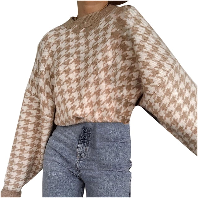 IROINID Pull à Col Rond pour Femmes Pull à Carreaux Ample Mi-Longueur Manches Longues Tricot Géométrique Rétro