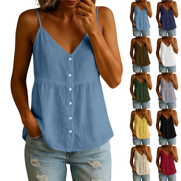Women Summer Tank Tops Casual V Neck Spaghetti Strap Cami Tops Loose Beach Sleeveless Shirts Blouses,Light Blue ,XL