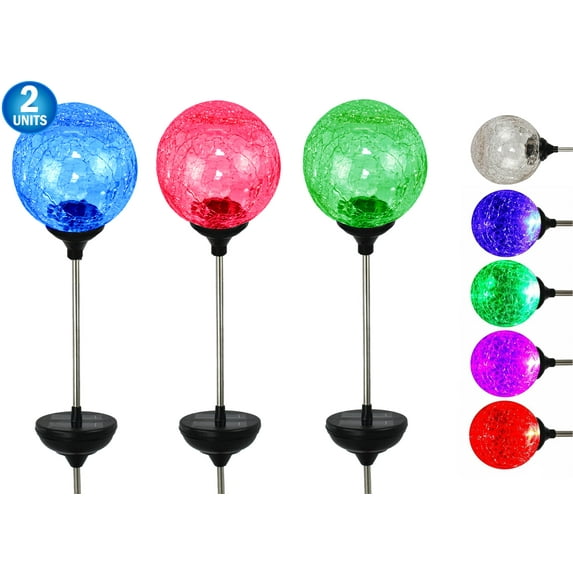 2 Pc - Solar LED Color Changing Crackle Glass Globes - Garden Landscaping Decorative LED Standing Globes - Regular Size