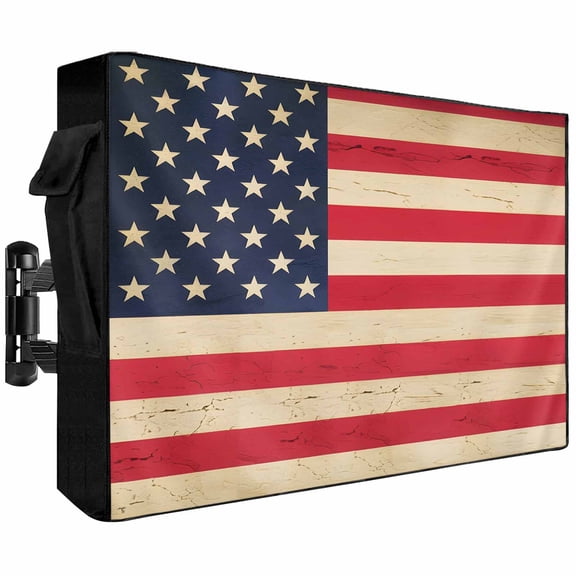 Outdoor TV Cover 58x37x4.5in, Vintage American Flag Weatherproof TV Screen Protector with Zipper, Red White Striped Outside Television Cover Fits Up to 60-65"