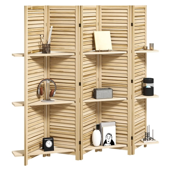 5 Panel 67" Tall Wood Privacy Screen with 3 Shelves and Folding Storage for Bedroom, Natural Wood