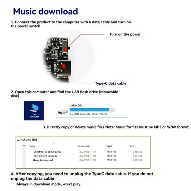 Módulo de Sonido Grabable GC07A con Batería Tarjeta de Cumpleaños Navideña Cubierta Musical Módulo de Voz para Descargar MP3 Dejar Reproducción