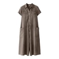 thumbnail image 4 of pstuiky Wide Leg Jumpsuits for Women Dressy Linen Button down One Piece Jumpsuits Summer Work Casual Jumpsuits Short Sleeve Rompers for Women Overalls with Pockets, Brown M, 4 of 7