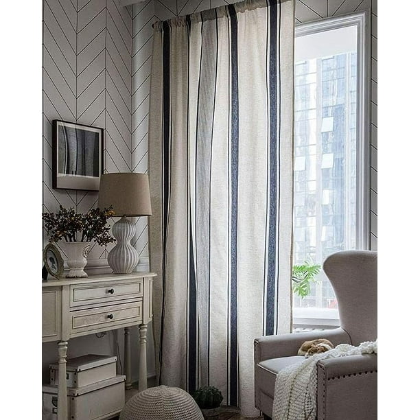 Xiao Hua Cortina de lino y algodón a rayas para ventana, estilo rústico, oscurecedora, con bolsillo para barra, para dormitorio y sala de estar, 1 pieza (azul marino, 140 x 210 cm)