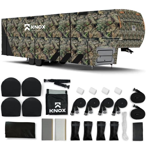 KNOX 3rd Gen Camouflage Fifth Wheel RV Cover, Anti-Tear 600D Oxford Fabric, Fits Travel Trailer, RV, or Motorhome - Camper Cover Includes Wheel, Ladder & Gutter Covers, Night Glow Logo, Size 26-29 ft