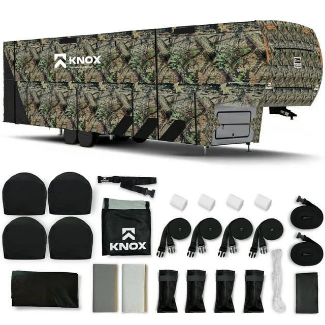 KNOX 3rd Gen Camouflage Fifth Wheel RV Cover, Anti-Tear 600D Oxford Fabric, Fits Travel Trailer, RV, or Motorhome - Camper Cover Includes Wheel, Ladder & Gutter Covers, Night Glow Logo, Size 33-37 ft