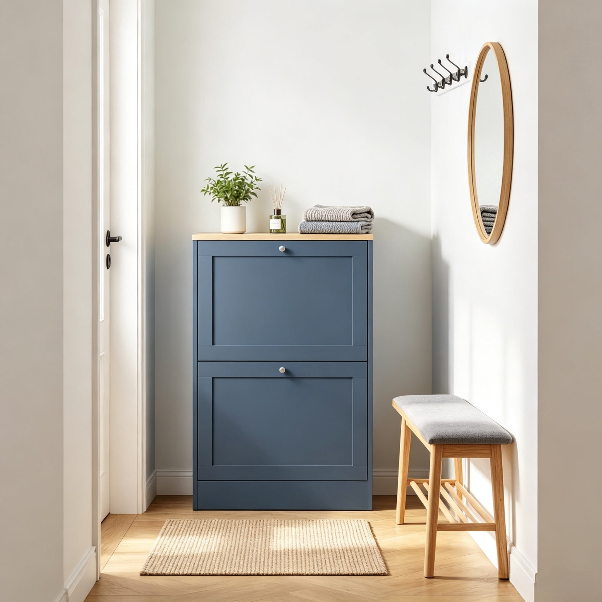 Slim Shoe Storage Cabinet, 2 Flip Drawers & Adjustable Shelves, Holds 8-12 Pairs, Blue
