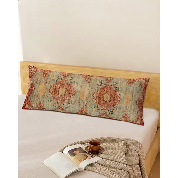 Geometric Boho Body Throw Pillow Cover Case, Couch Sofa Bed Pillowcase, Soft Decorative Pillow Protector, Rustic Bohemian Floral Tribal Orange 20x54Inch Long Reversible Pillow Shams with Zipper