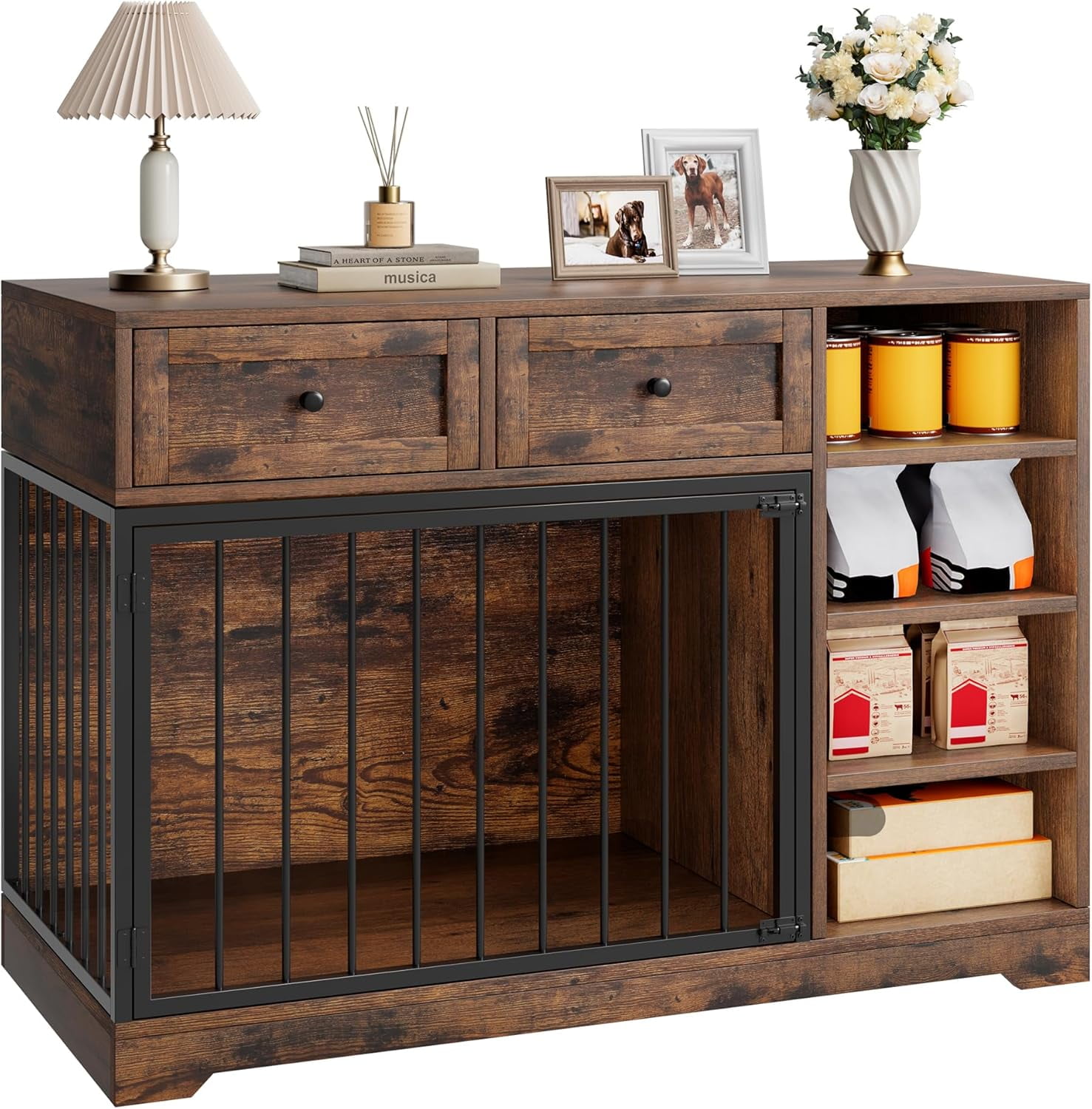 Senfot Furniture Style Dog Crate Cabinet, Multi Functional Pet Kennel with Storage, Decorative Dog House for Living Room Bedroom Brown