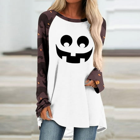 

OKBOP Long Sleeve Scrub Tops Women Casual Long Sleeve Round Neck Loose Halloween Printed Shirts Women Blouse Tie Dye Shirt Women