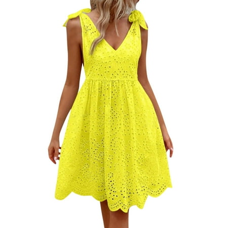 Mohiass Spring Dresses for Women 2024 Women s Sexy Spaghetti Strap Eyelet Lace Babydoll Dress A Line Beach Party Short Sun Dress Yellow L