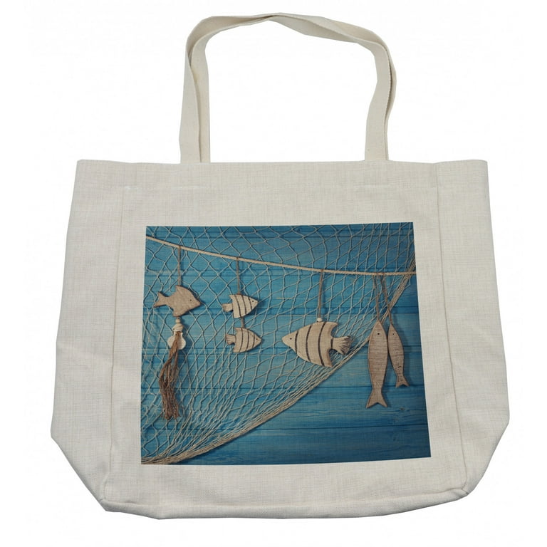 Marine Shopping Bag, Nautical Themed Photo of Fishing Net and Hanged  Wododen Handcraft Fish, Eco-Friendly Reusable Bag for Groceries Beach and  More