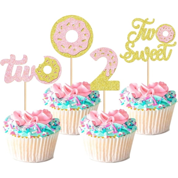 Two Sweet Donut Cupcake Toppers, Pink and Gold Glitter, 2nd Birthday Party Decorations, 12 Pcs
