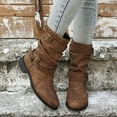 thumbnail image 4 of Leozcaa Women's Fall Fashion Biker Boots Mid Calf Boots for Women Low Heel Leather Round Toe Mid Boots Shoes, 4 of 8