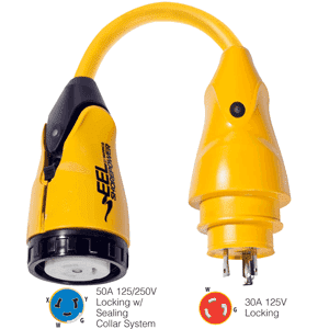 Marinco P30-504 Anguille 50A-125/250V Femelle à 30A-125V Adaptateur Pigtail Mâle - Jaune