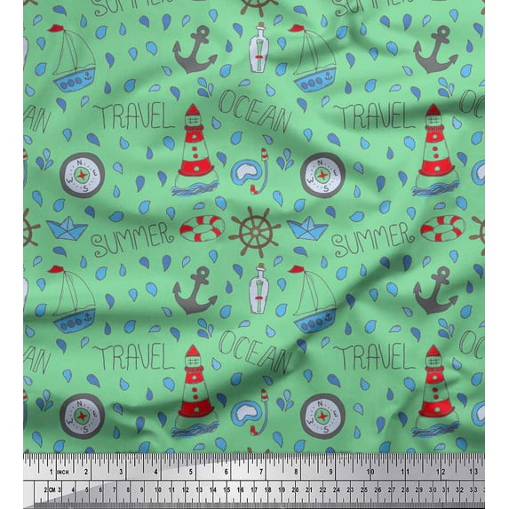 Soimoi Green Rayon Crepe Fabric Yacht & Direction Compass Nautical Print Sewing Fabric Yard 46 Inch Wide