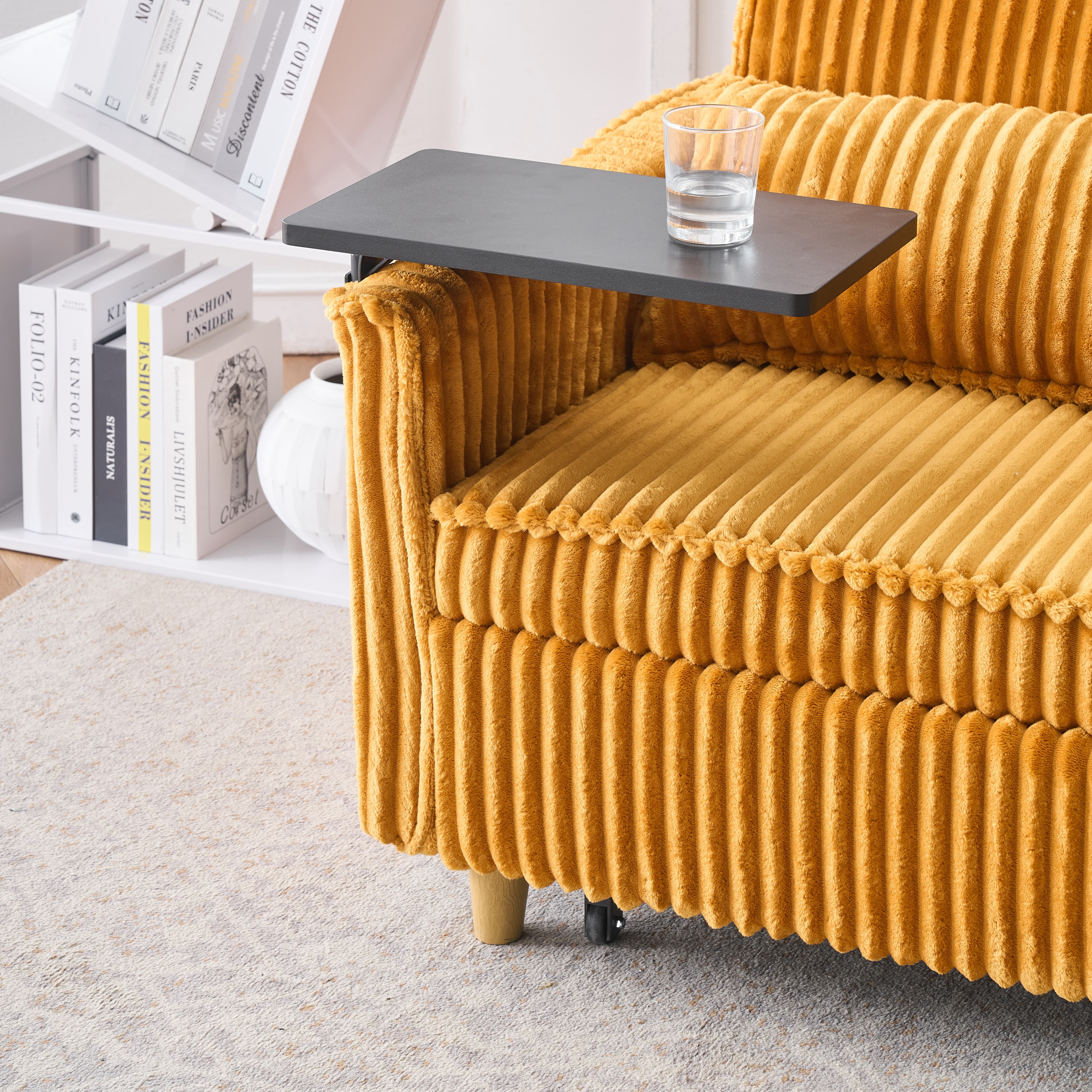 MAYEERTY 54" Pull Out Corduroy Sofa Bed with a Movable Tabletop and USB Ports, Loveseat Sleeper for Apartment, Living Room, Small Space, Yellow