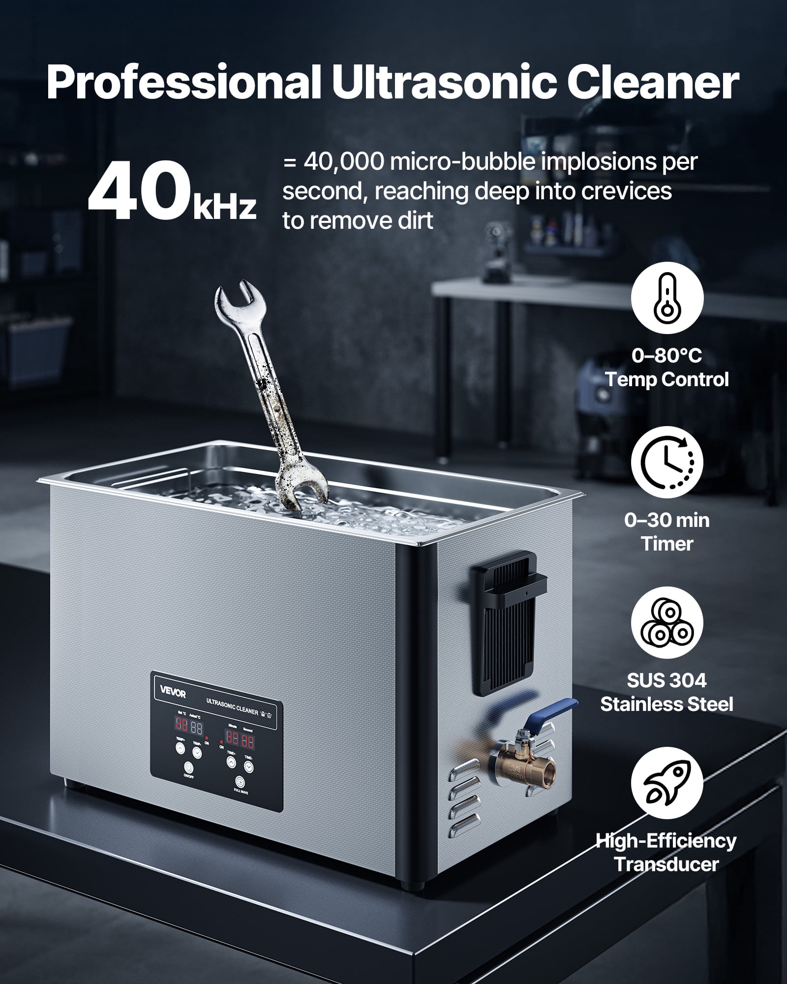 VEVOR 30L Ultrasonic Cleaner, Professional Ultrasonic Cleaner Machine with Cleaning Basket & Digital Display,480W Stainless Steel 40kHz Industrial Cleaning Machine for Parts,Carburetors,Instruments