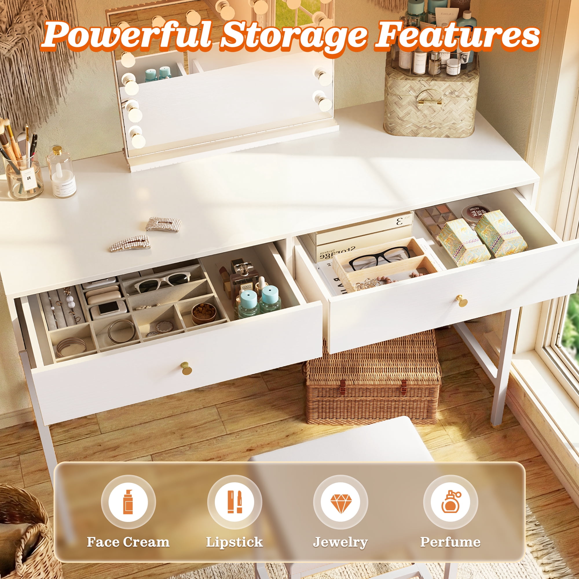 Amadwell 35.4 Inches White and Gold Desk with 2 Drawers, Vanity Desk with Padded Stool, Bedroom