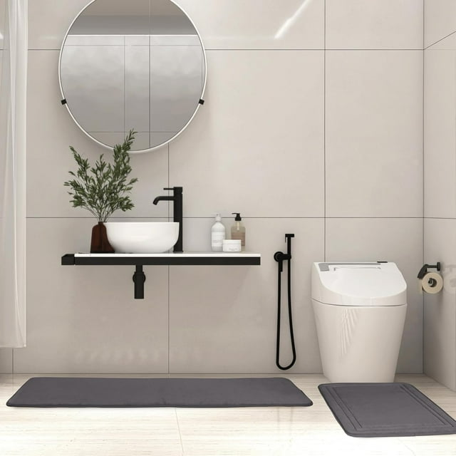 PAGGED Grey Bathroom Rug Set of 2 Memory Foam Bath Mat Runner Set Non Slip Washable Floor Mats Soft Absorbent Plush Microfiber Shower Tub Bathmat Gray