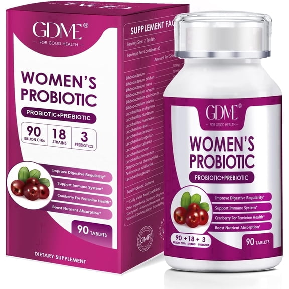 Women's Probiotics, 90 Tablets 90 Billion CFU 18 Strains, Contains Organic Prebiotic Cranberry,Probiotic Supplement for Digestion, Immunity, Women's Health, Soy Gluten Dairy Free
