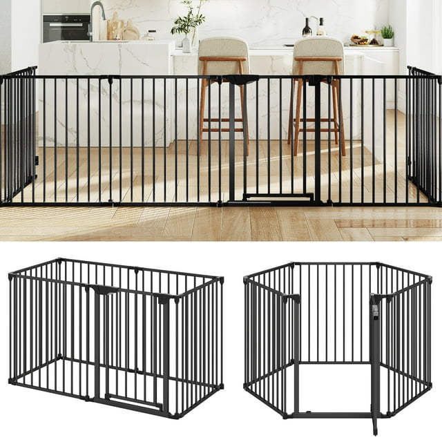 Gymax 6-Panel Adjustable Pet Safety Fence w/Auto-close Door & Double Locking System Black