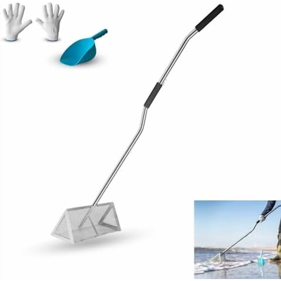 Sand Flea Rake – Commercial Grade 16’’ Steel Basket with 55’’ Ergonomic/Neoprene Handle - Sandflea Sifter for Beach - Shark Teeth Rake for Sandfleas - Sand Scoop and Gloves Included$$Garden & Patio