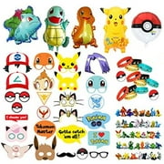Party Supplies Bundle Favors Pack 24 Figures,12 Bracelets, 5 Balloons and 26 Photo Booth Props Suitable for PokeMonster Birthday Theme Party