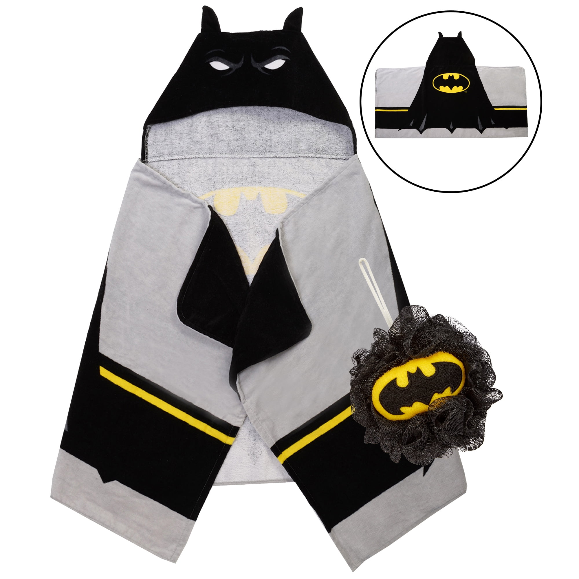 Batman Kids Hooded Towel and Character Loofah Set, Cotton, Black, Gray, DC Comics