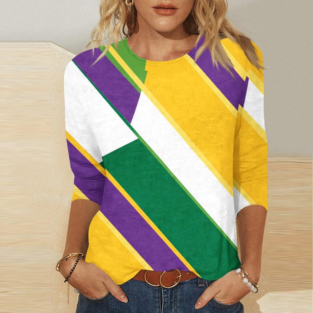 UPPADA Femmes T-Shirts à Manches 3/4 Mardi Gras Yall T-Shirts à Imprimé Floral Col Rond Blouse à devant Plissé Hauts d'Été Décontractés Chandail à Enfiler Haut Mode Fête Défilé Hauts Hauts à Manches 3/4 pour Femmes Aubaines