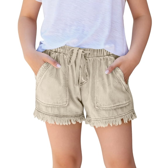 Girls Casual Summer Shorts Elastic Waist Drawstring with Large Patch Pockets Raw Hem Fringe Bottoms Lightweight Lounge Wear Active Play Vacation Shorts