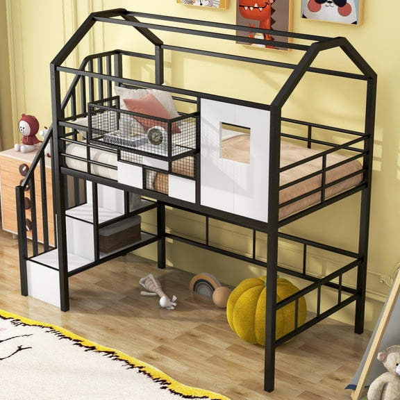 Twin Loft Bed Metal Frame with Roof Design and Underbed Storage Box,Black