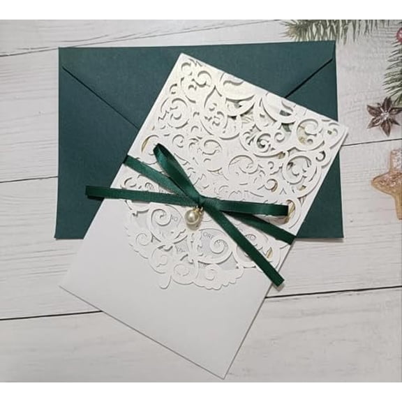 50 Sets White Laser Cut Pocket Invitation Cards with Envelopes & Ribbons for Wedding Sweet 15 Birthday Party