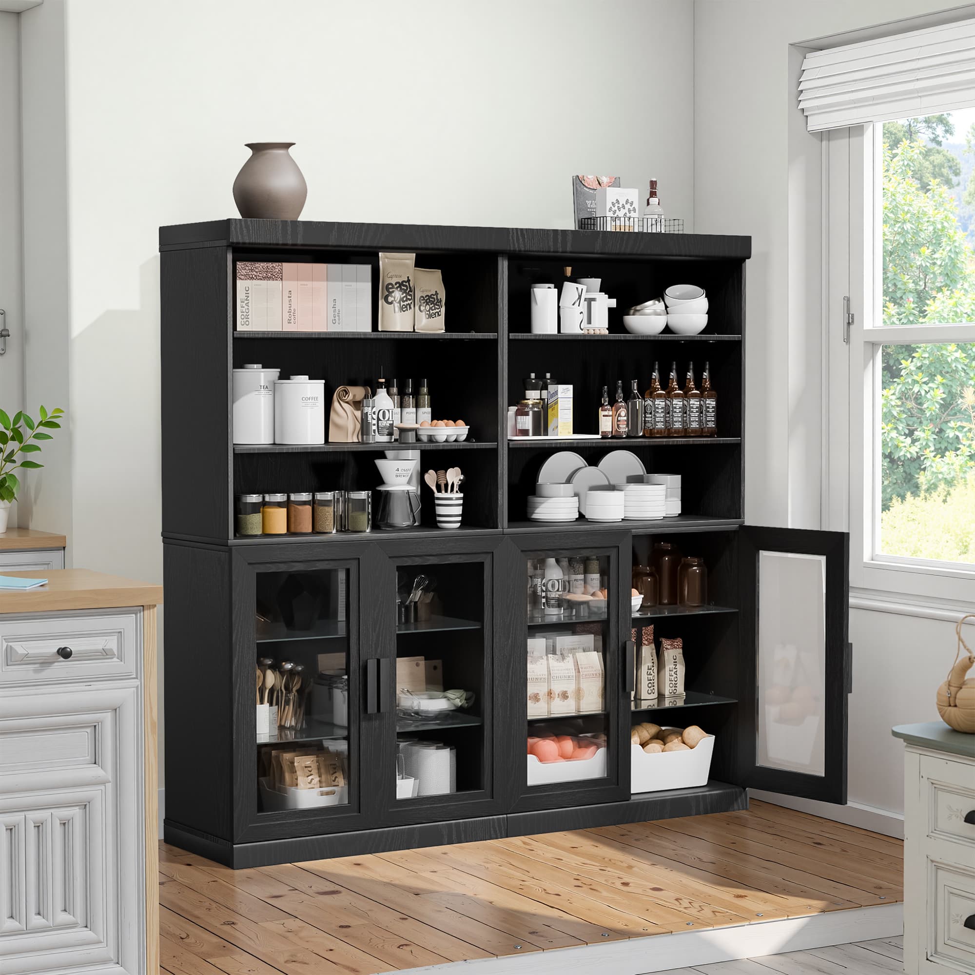 MAYEERTY Curio Display Cabinet with Glass Doors, DIY Combination Storage Cabinets with Adjustable Shelves for Living Room, Black