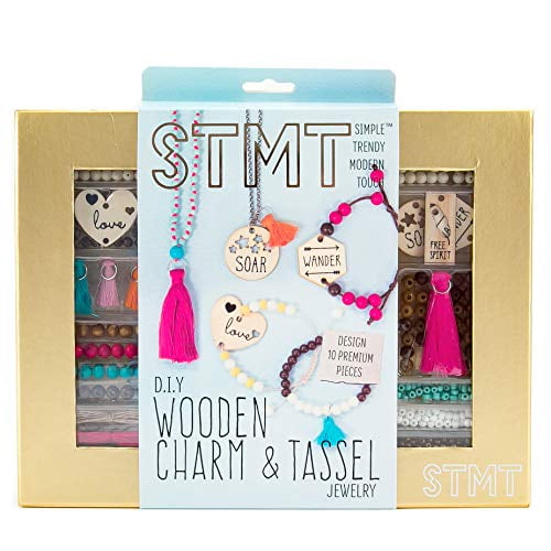 STMT DIY Wooden charm Tassel Jewelry Art Craft Kit by Horizon Group USA Design Create 10Piece of Vsco Girl Jewelry Includes Wood Charms Colorful Tassels Beads Chains More Multicolored