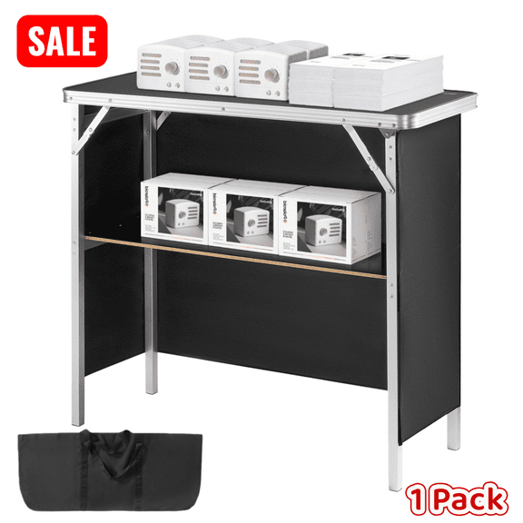 Tcbosik Folding Bar Table with Carrying Bag and Skirt, 38.3" Tradeshow Podium Table with Storage Shelf for Indoor & Outdoor, Party, Picnic, Black