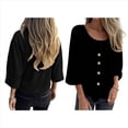 thumbnail image 3 of Blusas de para Mujer, Cuello en V, Mangas 3/4, Abotonadas, Sueltas, Informales, Lisas, Tipo Túnica. Negro 5XL, 3 of 6