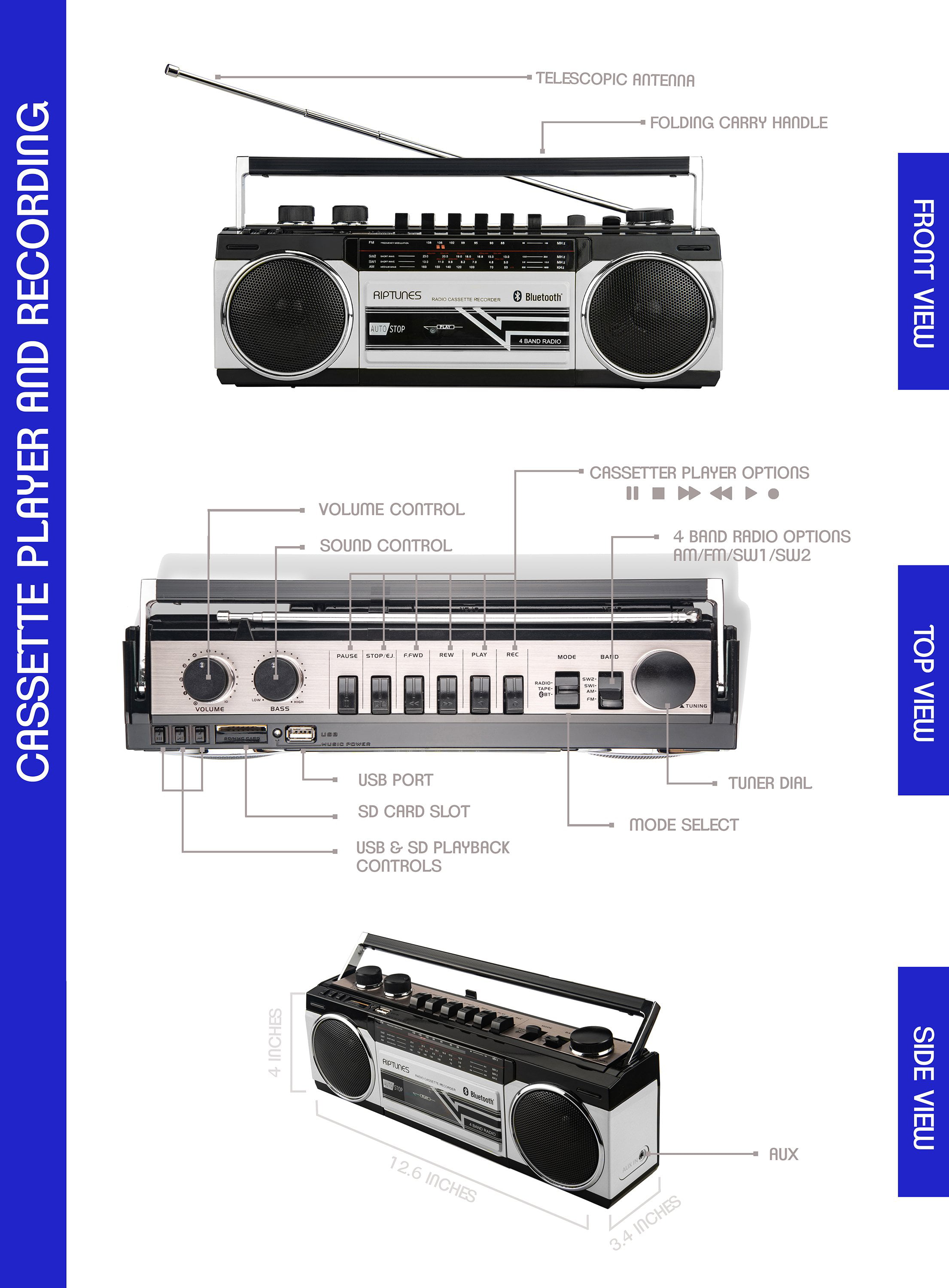 Riptunes Retro Boombox Cassette Recorder, Blueooth Radio Player with Radio and Band AM/FM/SW1/SW2